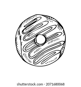 Donut isolated on white background. Vector illustration in a doodle style. Line art. Perfect for restaurant menu design, cafe, kitchen, web site, print on the cloth. Appetizing food image. Eps10.