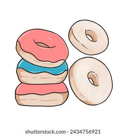 Donut isolated on a white background. Cute, colorful and glossy donuts with pink glaze and multicolored powder. Simple modern design. Realistic vector illustration.