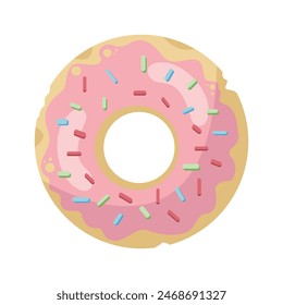 Donut isolated on a white background. Colorful and glossy donut with pink glaze and multicolored powder. Simple modern design. Vector illustration.