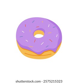 Donut isolated on a white background. Cute, colorful and glossy donuts with pink glaze and multicolored powder. Simple modern design. Hand drawn doodle vector illustration.