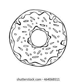 Donut isolated on white background. Vector illustration in a doodle style. Line art.
Perfect for restaurant menu design, cafe, kitchen, web site, print on the cloth. Appetizing food image. Eps10.