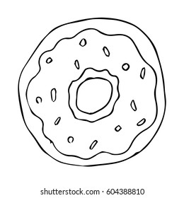 Donut isolated on white background illustration.  doodle style. Line art. Perfect for restaurant menu design, cafe, kitchen, web site, print on the cloth. Appetizing food image