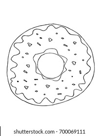 Donut isolated on white background illustration. Vector illustration in a doodle style. Line art. Perfect for restaurant menu design, cafe, kitchen, web site, print on the cloth. Appetizing food image