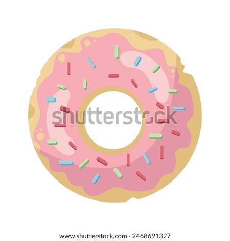 Donut isolated on a white background. Colorful and glossy donut with pink glaze and multicolored powder. Simple modern design. Vector illustration.