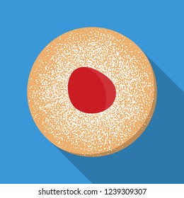 Donut with jelly and sugar powder. Hanukkah celebration. Vector flat illustration.
