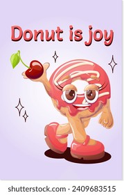 Donut is joy. Template,retro poster with funny character. Delicious pastry. Trendy cartoon style from the 70s.