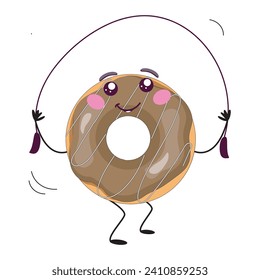 Donut jumping rope. Happy sweet vector chocolate  donut. Kawaii doughnut.