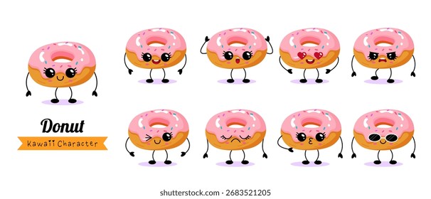Conjunto de personajes donut kawaii con múltiples emociones