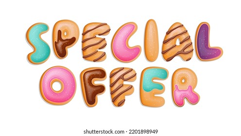 Donut lettering design element - Special offer. Vector realistic typography illustration for any purposes. Web, prints, advertising design element. 