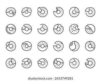 Conjunto de ícones de arte de linha de rosquinha com marcas de mordida e polvilhos Uma coleção de ilustrações de vetor de massa doce