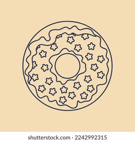 Donut line icon. Sticker for social networks and messengers. Flour product in glaze with stars. Minimalistic creativity and art. Template, layout and mock up. Cartoon flat vector illustration