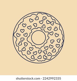 Donut line icon. Sticker for social networks and messengers. Sweet product in glaze with hearts. Symbol of holiday and festival, parties and events metaphor. Cartoon flat vector illustration