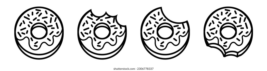 Donut line icons set. Delicious food illustration for design. Vector isolated on white background.