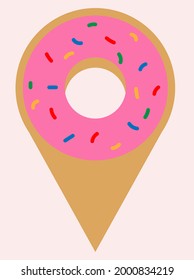 Donut location. Donut with pink icing and sprinkling.