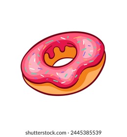 Donut logo with pink glaze and sprinkles in cartoon. Simple design for bakery. Vector illustration isolated on a white background.