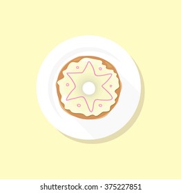 Donut logo. Sweet donuts design flat food. Doughnut, donuts coffee, donut isolated, coffee and cookies, cake bakery, dessert menu, snack pastry, tasty. Donuts shop. Donut icon. Donuts glaze