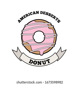 Donut logo template. Classic American desserts. Cartoon illustration with ribbon and text.