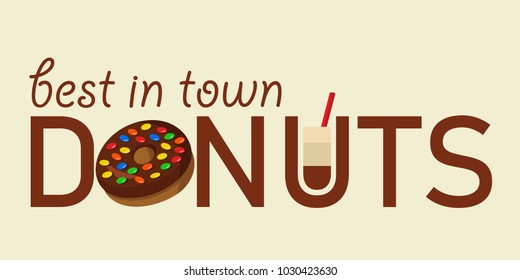 Donut logo vector illustration with donut with chocolate icing. Design element for restaurant menu illustration or logotype. Concept for your restaurant business. Logo for cafe, coffee house.