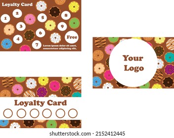 Donut loyalty card template. Buy 9 and enjoy the 10 for free. Vector template. Free donut