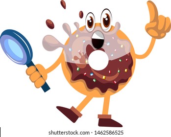 Donut with magnifying glass, illustration, vector on white background.