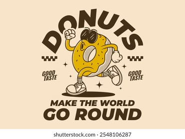 Donut, faça o mundo girar. Vintage personagem retro mascote de rosquinha em pose de corrida, bom para impressão de camiseta