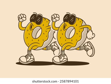 Donut, make the world go round. Vintage retro mascot character of two donut in running pose