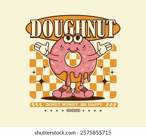 Donut mascot character design in retro style, perfect for t-shirts, streetwear, stickers, posters, print apparel, and more