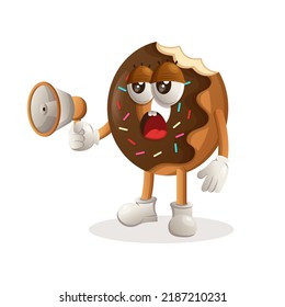 Donut mascot design holding megaphone. Donut cartoon mascot character design. Delicious food with chocolate. Cute mascot vector illustration