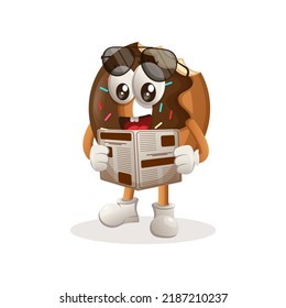 Donut mascot design read newspapers wearing sunglasses. Donut cartoon mascot character design. Delicious food with chocolate. Cute mascot vector illustration