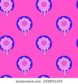 Donut with melting icing colorful seamless pattern in doodle style. Vibrant colored sweet food background. Repeat vector illustration with liquid elements for bakery pastry confectionery