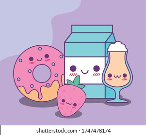 donut milk box strawberry and coffee cup design, Kawaii food cute character emoticon theme Vector illustration
