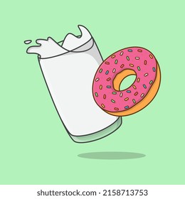 Donut With Milk Cartoon Vector Illustration. Milk And Donut Flat Icon Outline
