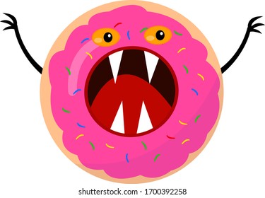 donut Monster cartoon character with sharp fangs and orange shining eyes concept of unhealthy sweets and desserts object on a white background