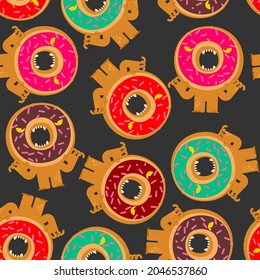 Donut monster pattern seamless. Terrible sweetness background. vector texture