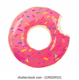 Donut with a mouth bite isolated on white background. Cute, colorful and glossy donuts with pink glaze and multicolored powder. Simple modern design. Realistic vector illustration.