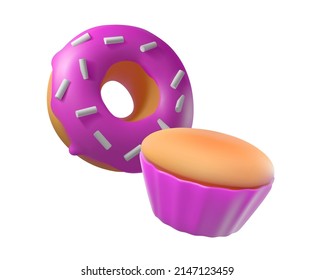 Donut and muffin in realistic trendy style. Vector illustration of food 3D