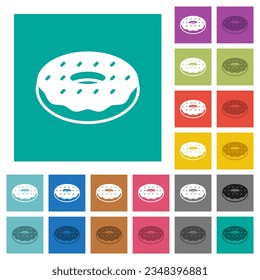 Donut multi colored flat icons on plain square backgrounds. Included white and darker icon variations for hover or active effects.