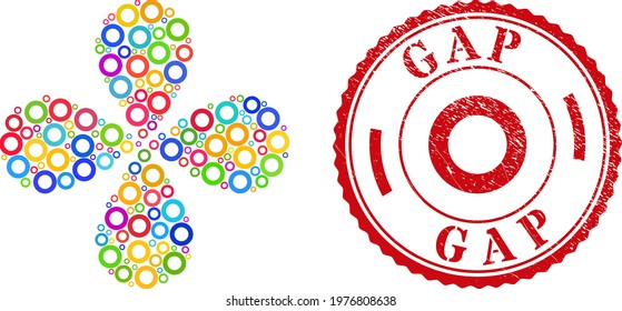 Donut multi colored twirl flower with four petals, and red round GAP dirty stamp imitation. Donut symbol inside round stamp imitation. Object flower with 4 petals combined from scattered donut items.
