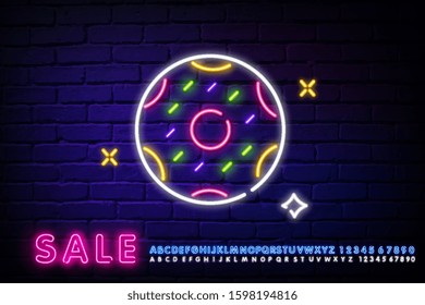 Donut neon image with shining and glowing of different colors, product decorated with sweet elements on top, vector illustration isolated on blue. Night bright neon sign, colorful billboard