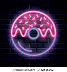 Donut neon lights advertising on bricks wall background vector editable illustration