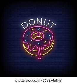 donut neon sign with brick wall background vector