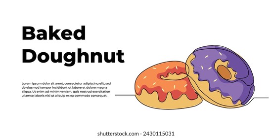 Donut one continuous line design. Restaurant food menu design concept. Decorative elements drawn on a white background.