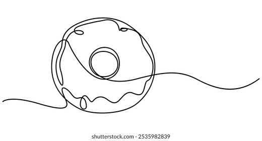 Donut one continuous line design. Restaurant food menu design concept. Decorative elements drawn on a white background, Continuous one line drawing sweet donut. Dessert concept. Single line draw.