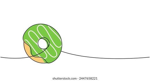 Donut one line colored continuous drawing. Bakery sweet pastry food. Vector linear illustration