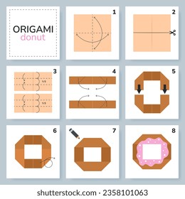 Donut origami scheme tutorial moving model. Origami for kids. Step by step how to make a cute origami doughnut. Vector illustration.