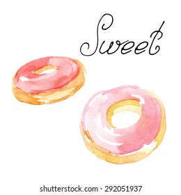 Donut painted watercolor poster with lettering Sweet 