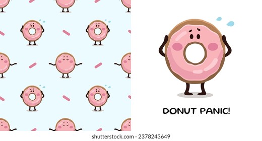 Donut in panic in cartoon style for designing baby clothes. Postcard with Pink Doughnut and seamless pattern, lettering. Cartoon Bohemian nursery print. Kids design for pajamas. Vector illustration.