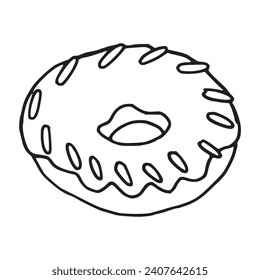 Donut pastry outline pen drawing illustration image. Hand drawn fast food doughnut logo. Cartoonish sweet delicious bakery product ready for eat, silhouette detail. Sugar pastry snack single symbol.