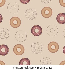 Donut pattern with chocolate icing and a contour on a beige background