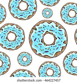 Donut pattern on white background. Vector seamless texture. Cloth design, wallpaper, wrapping. Greeting cards and invitations of wedding, menu, birthday, mother's day, design, cafe, restaurant. Eps10.